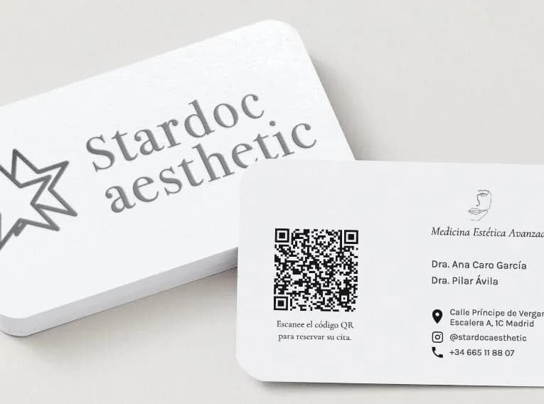 Stardoc aesthetic business card mockup with logo card and QR appointment card.